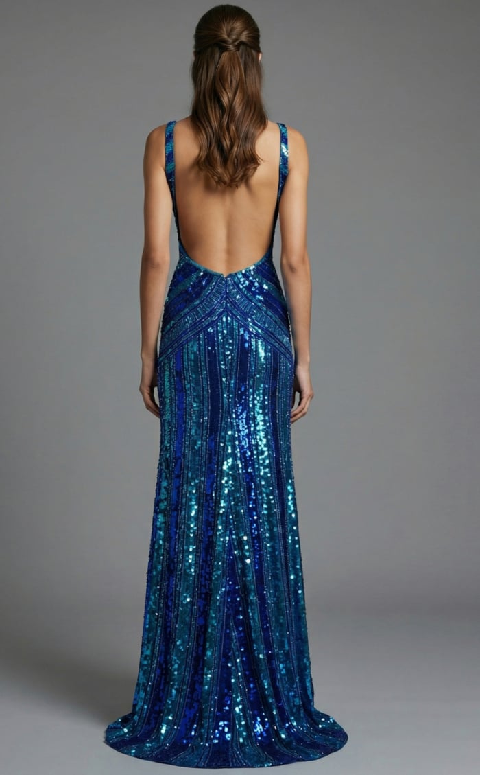 Slim formal gown with geometric sequin pattern and body-contouring fit