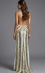 Open back formal gown with slim silhouette and geometric sequin pattern