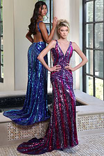 sequin v-neck gown with strappy back - three quarter view, vibrant sequin, dramatic poses, trains