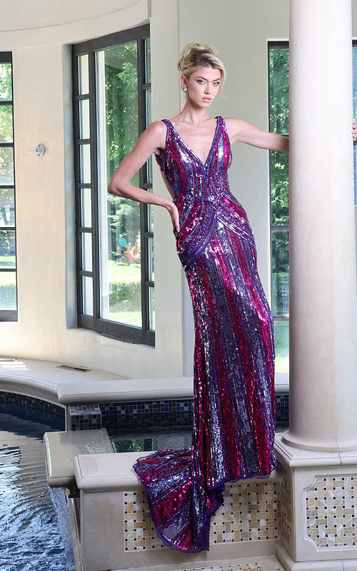 sequin v-neck gown with strappy back