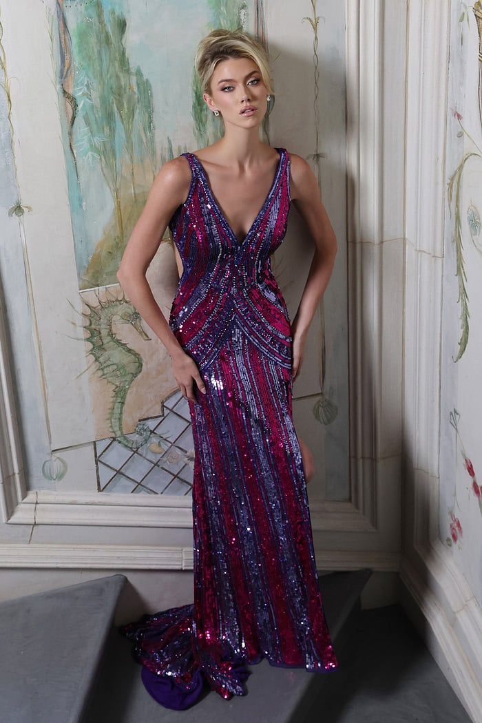 sequin v-neck gown with strappy back