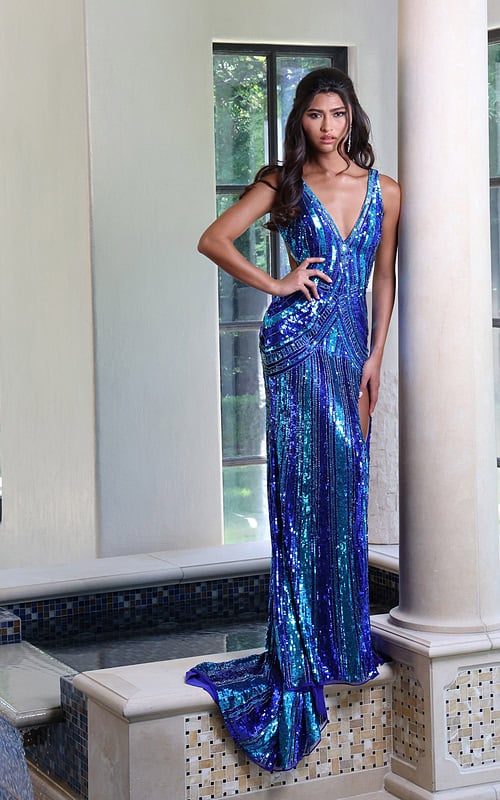sequin v-neck gown with strappy back