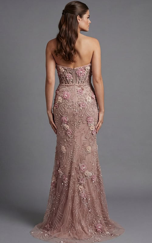 Floor length formal gown with intricate beadwork and body contouring design