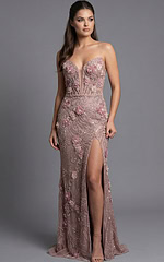 Elegant evening gown featuring detailed floral embellishments and a front slit