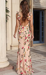 Long embellished prom dress with floral appliqué beading, sheer overlay, and a sleek body hugging silhouette