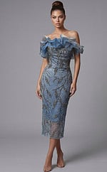 fitted beaded midi dress with sheer mesh overlay