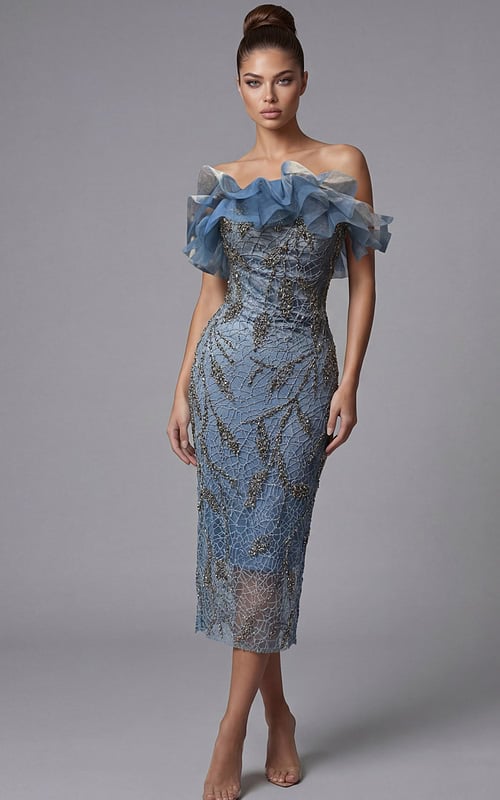 fitted beaded midi dress with sheer mesh overlay