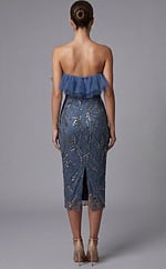 Off shoulder beaded midi dress with ruffled tulle neckline