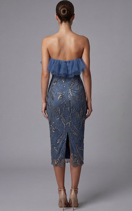 Off shoulder beaded midi dress with ruffled tulle neckline