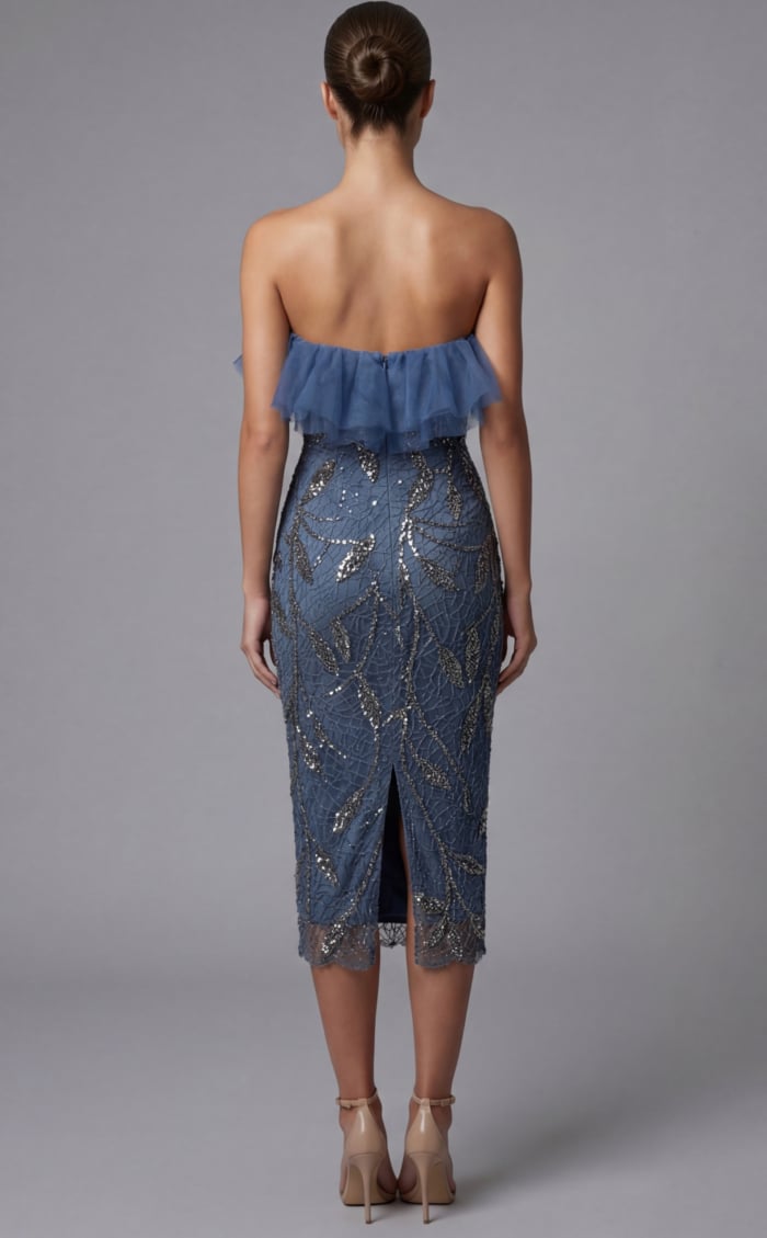 Off shoulder beaded midi dress with ruffled tulle neckline