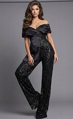Front view of beaded wide leg jumpsuit with off shoulder draped neckline, fitted waist, and flowing pant