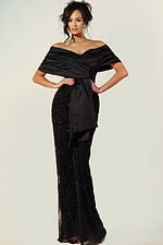 Off shoulder black beaded jumpsuit with satin wrap top