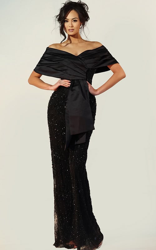 Off shoulder black beaded jumpsuit with satin wrap top