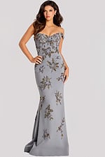 Embellished Off Shoulder Grey Gown 44022 - Image 3