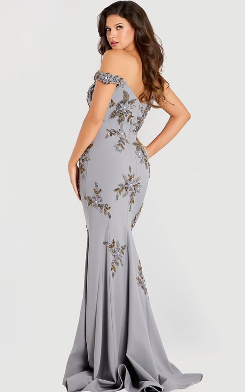 back of silver off the shoudler embellished dress