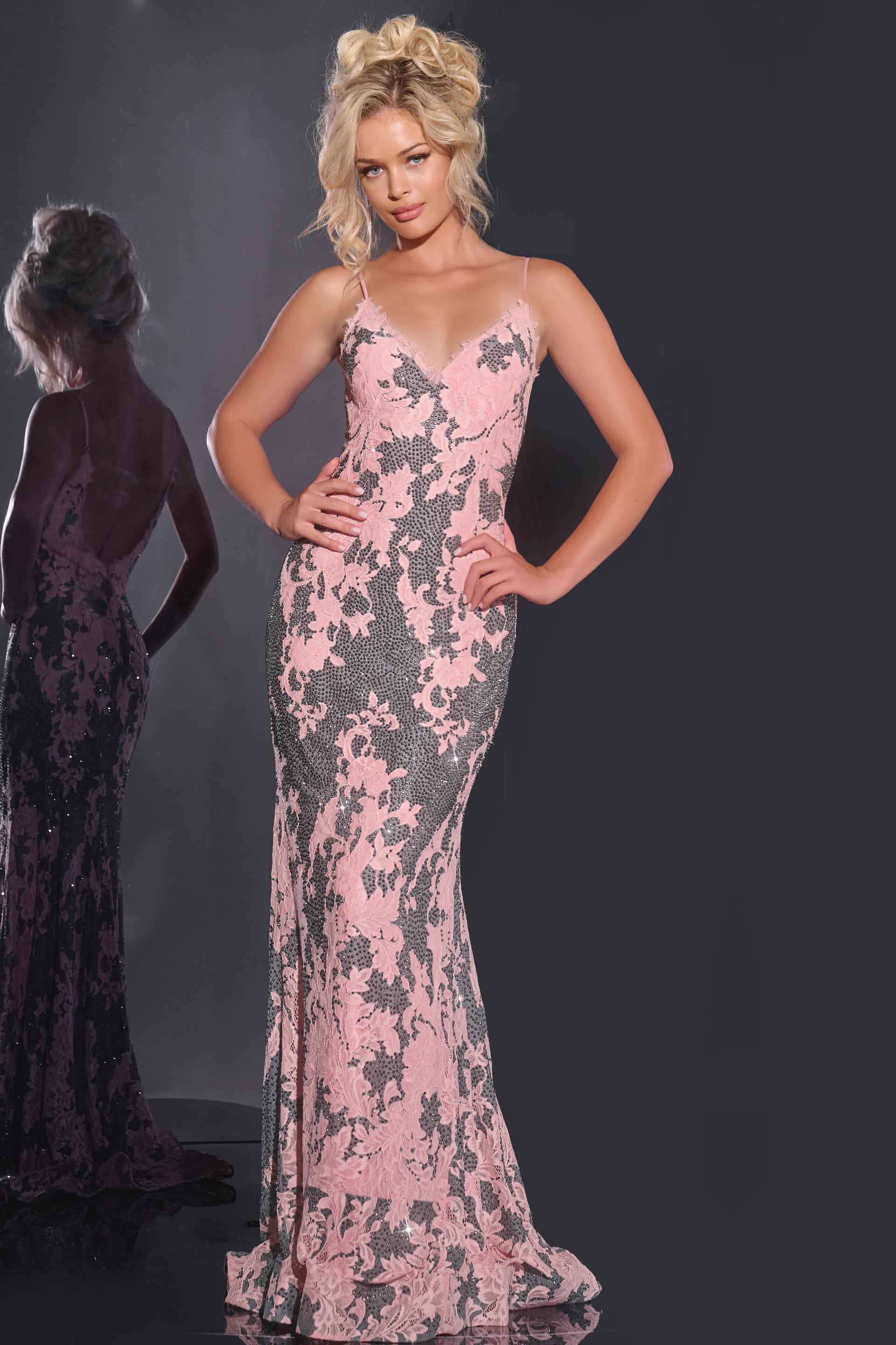 44033-2 Model wearing Jovani 44033 multi-colored mermaid gown with V-neck and lace detailing.