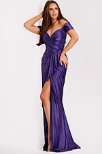 purple v neck dress with ruched bodice Model wearing Jovani dress 44039