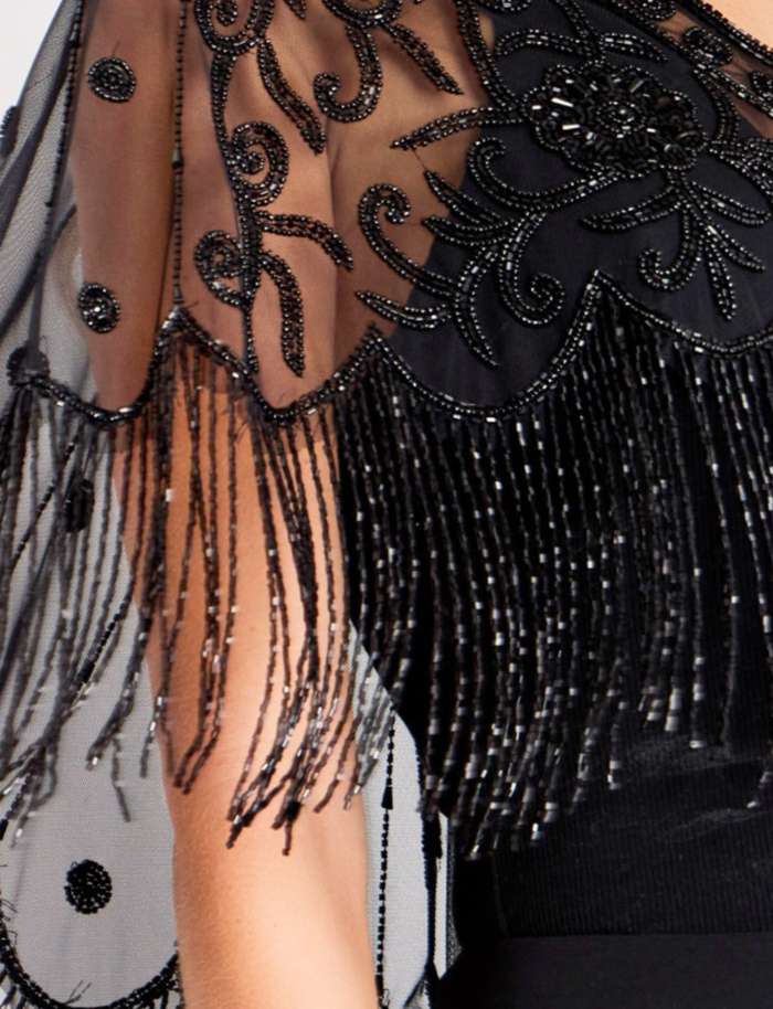 V-Neck Embellished Capelet with Beaded Fringe 44053