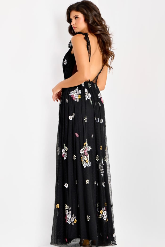 Deep V Floral Embroidered Mesh Gown 44057 | Jovani