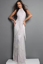 blush silver sheath long dress with halter neck art deco fringe