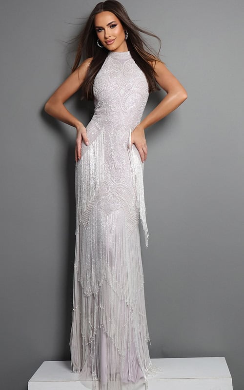 blush silver sheath long dress with halter neck art deco fringe