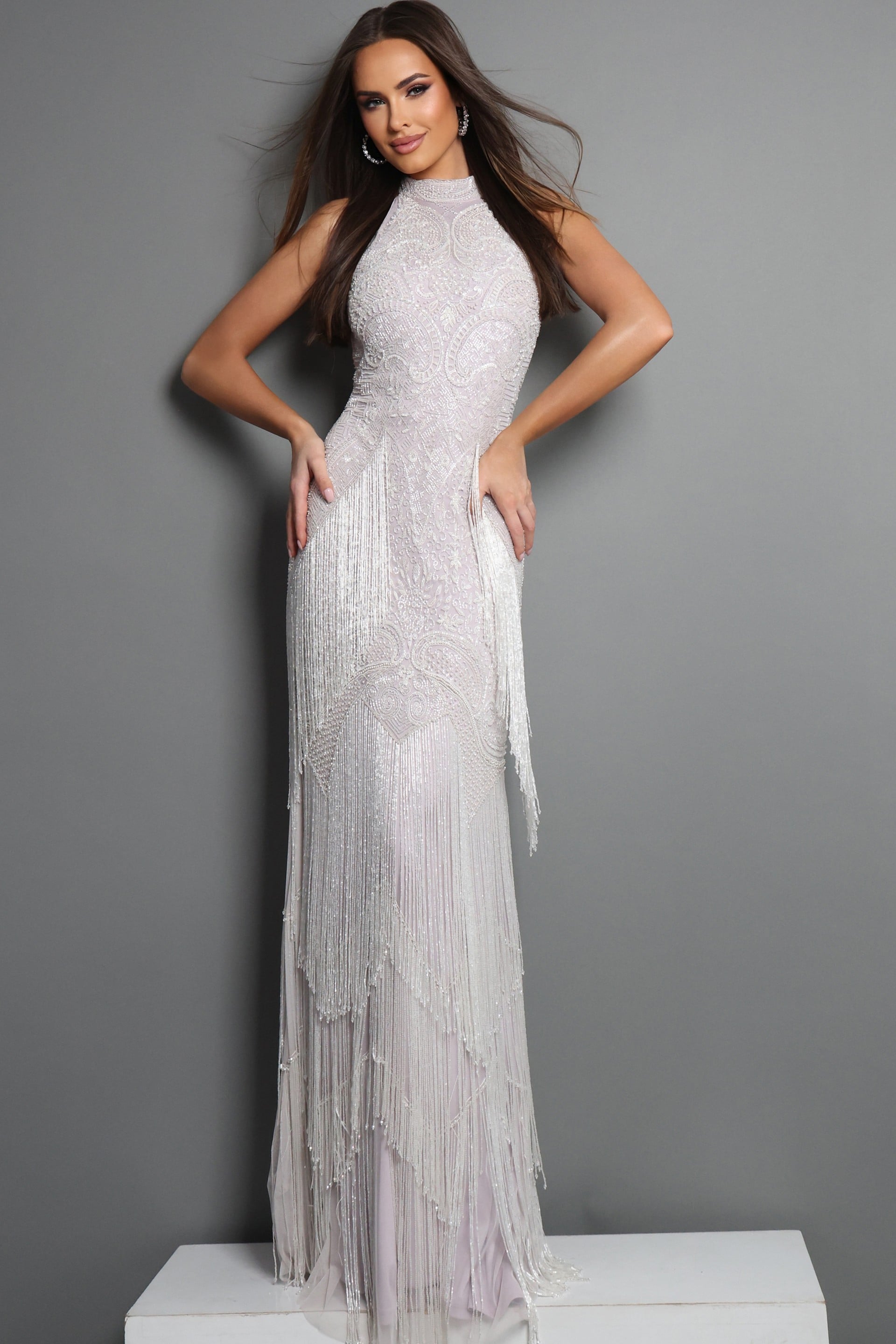 44061_1 blush silver sheath long dress with halter neck art deco fringe