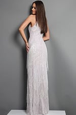blush silver sheath long dress with halter neck art deco fringe