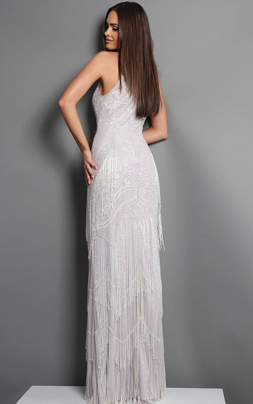 blush silver sheath long dress with halter neck art deco fringe