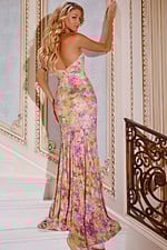 model displaying the back of 44069 multi-colored gown with elegant flare