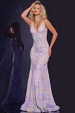 model wearing Jovani 44074 multi-color mermaid dress front view
