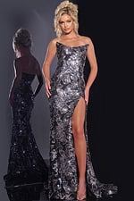 Model wearing Jovani 44116, a dazzling black gown with sequin embellishments and a high slit, front view.