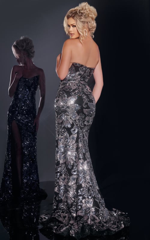Model wearing Jovani 44116, a dazzling black gown with sequin embellishments, back view.