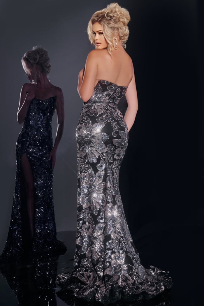 Model wearing Jovani 44116, a dazzling black gown with sequin embellishments, back view.