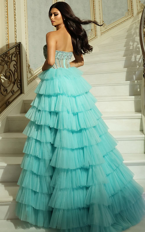 Back view of layered tulle evening gown with sheer corset bodice