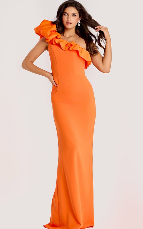 orange one shoulder ruffled fitted dress 44157