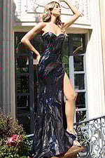 Strapless formal gown with sequin texture and flowing skirt