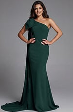 green one shoulder dress with side drape Model wearing Jovani dress 44177
