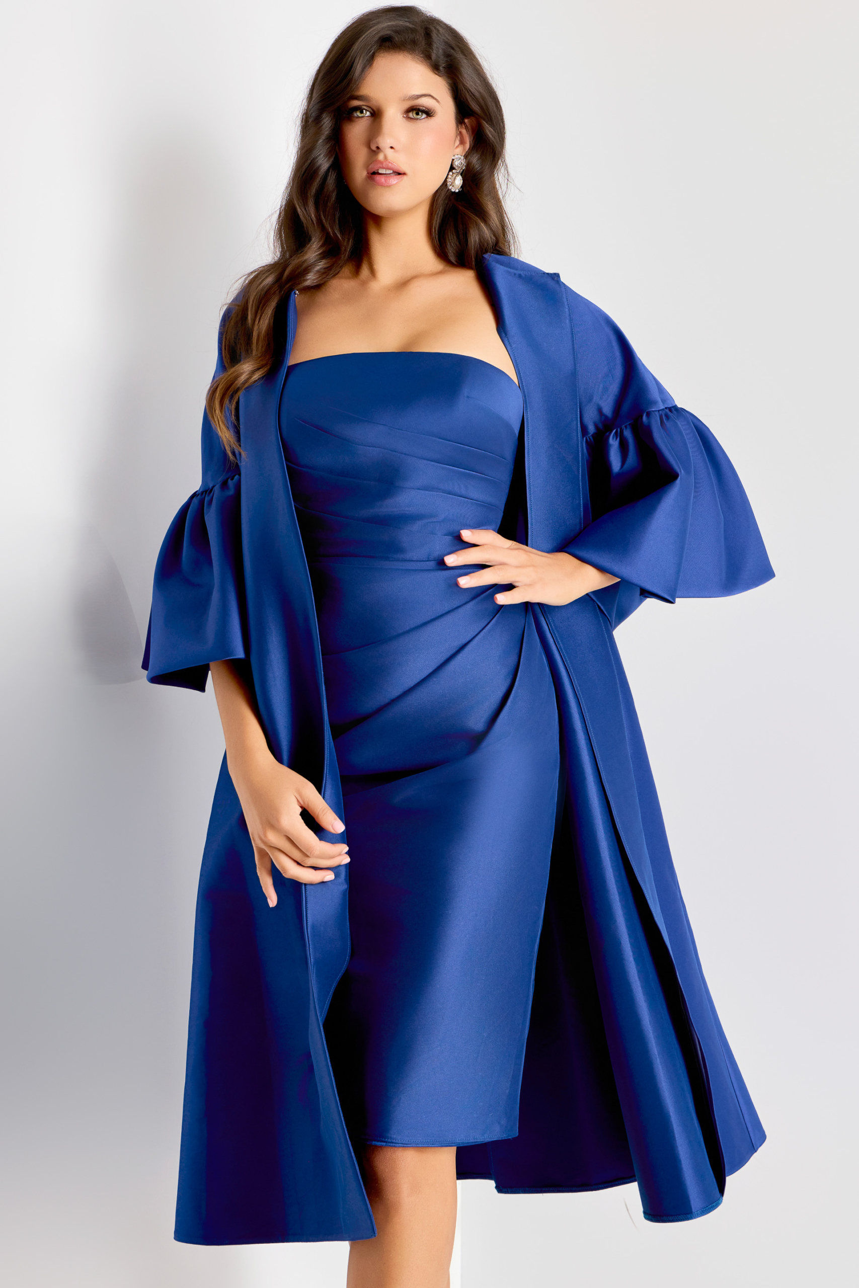 Strapless Satin Dress With Matching Cape 44193 | Jovani