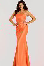 Strapless satin gown featuring a fitted bodice, ruched detailing, and a sleek mermaid silhouette.