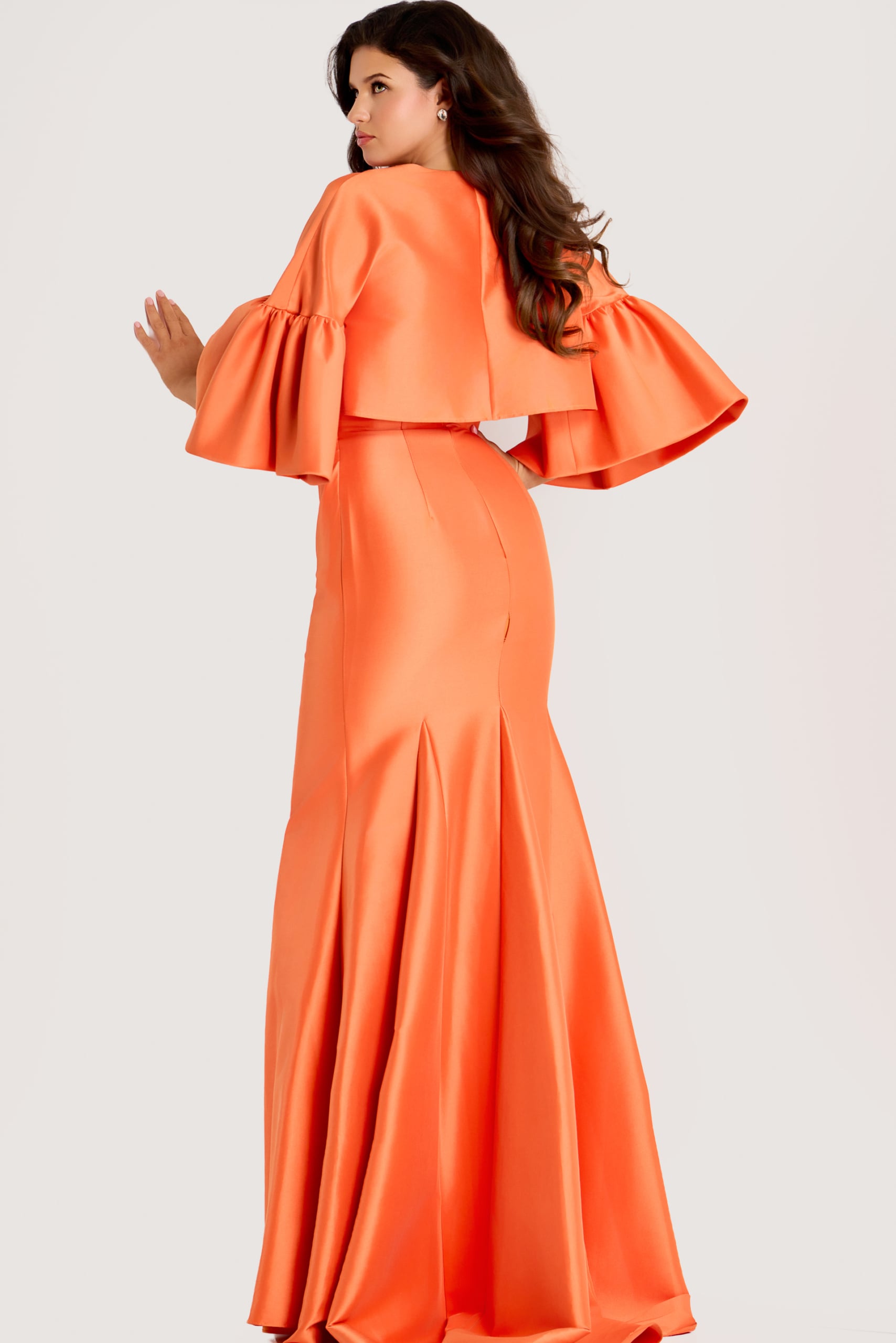 orange memraid evening dress with bolero jacket.