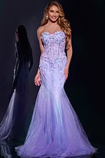 full view of model in Jovani 44211 multi-color gown with floral details