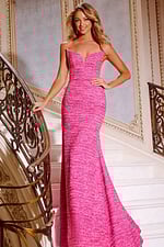 Model wearing Jovani 44264 fuchsia mermaid dress with sweetheart neckline, front view.