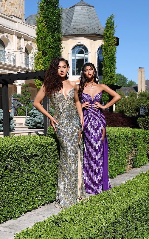 sweetheart sequin gown with high slit