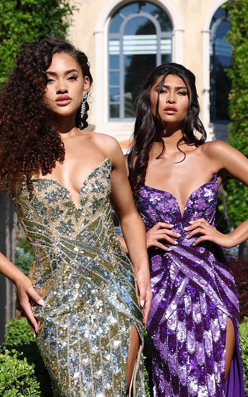 sweetheart sequin gown with high slit