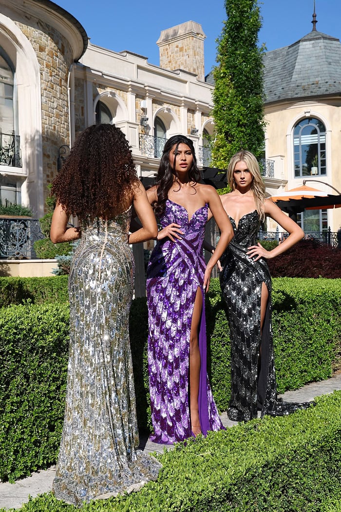 sweetheart sequin gown with high slit