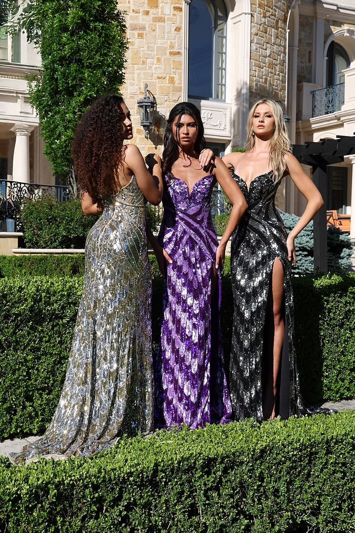 sweetheart sequin gown with high slit