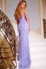 Model wearing Jovani 44273 lilac dress with deep plunge back view