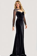 Black velvet gown with crystal-embellished sheer sleeves, a sweetheart neckline with keyhole detail, and a thigh-high slit for an elegant evening look.