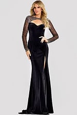 Black velvet evening gown featuring sheer long sleeves embellished with crystals, a sweetheart neckline with a front cutout, and a high slit for a sophisticated finish.