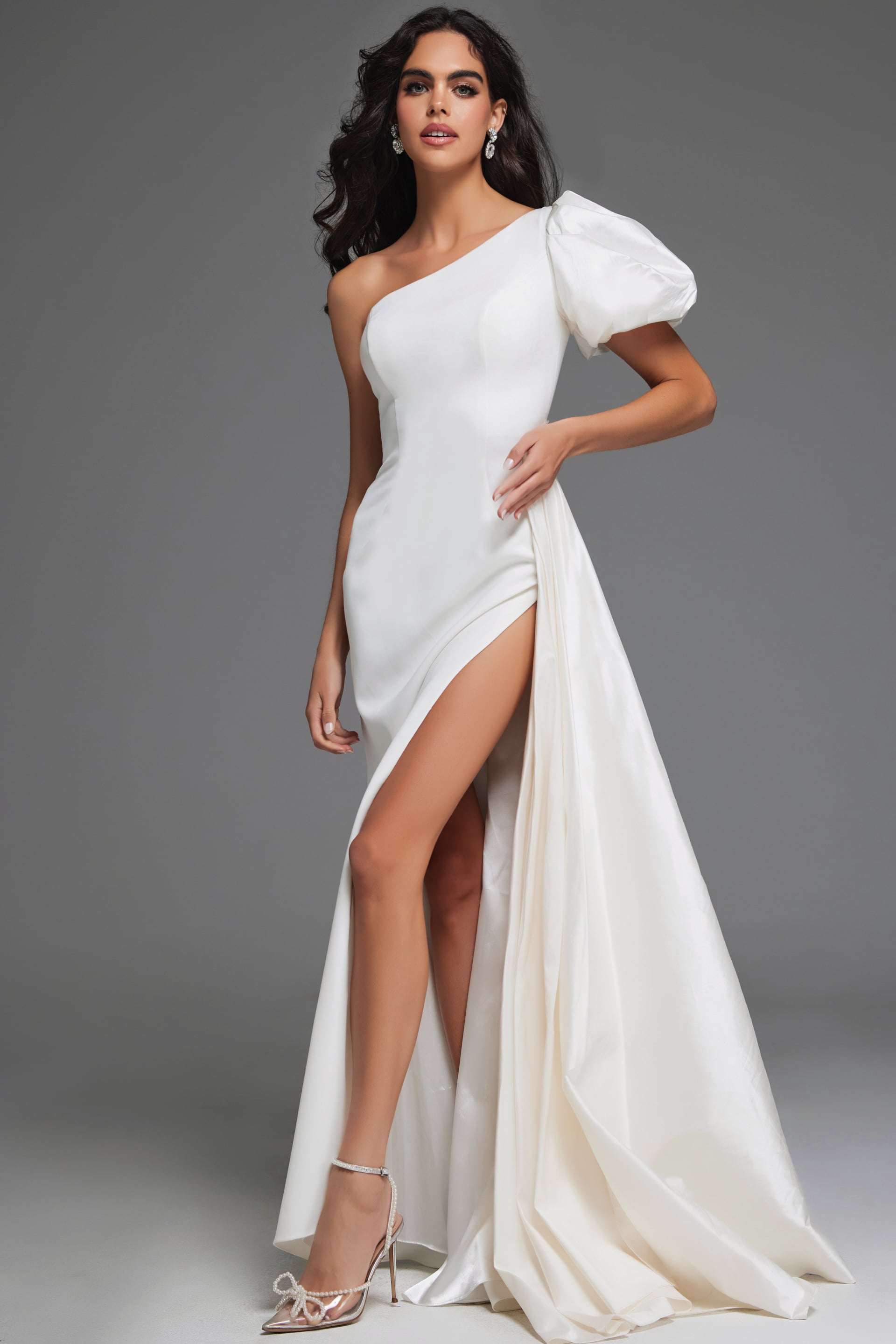 44299-5 model wearing Jovani 44299 white one-shoulder gown front view